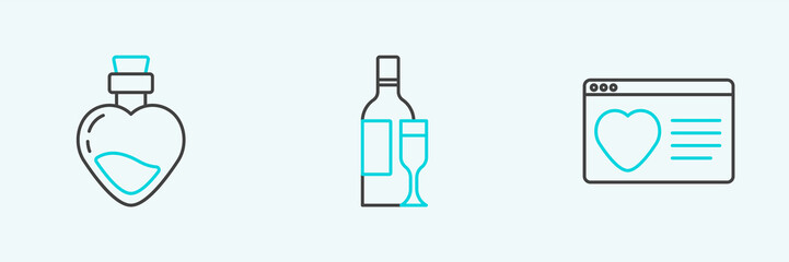 Set line Dating app online, Bottle with love potion and Champagne bottle icon. Vector