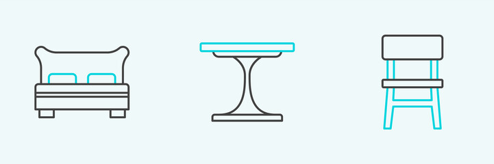 Set line Chair, Big bed and Round table icon. Vector