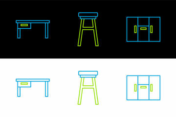 Set line Wardrobe, Office desk and Chair icon. Vector