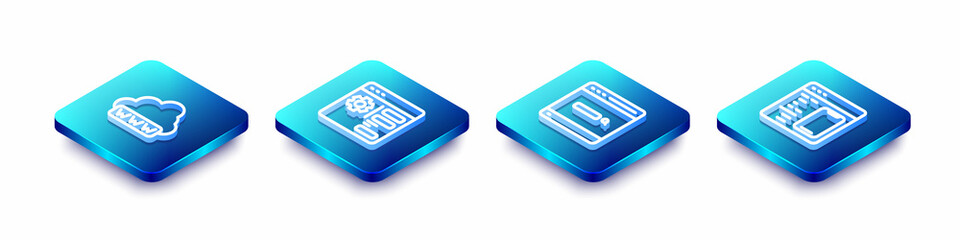 Set Isometric line Web development, Browser setting, Search engine and Software icon. Vector