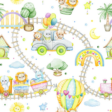 cartoon animals, train, toys, railway. Watercolor seamless pattern, on an isolated background.