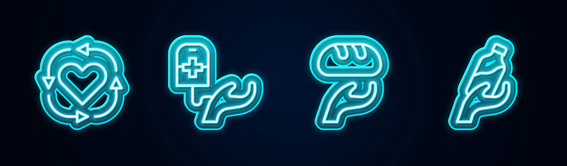 Obraz premium Set line Volunteer, Blood donation, Donation food and water. Glowing neon icon. Vector