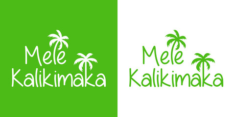 Banner con texto manuscrito Mele Kalikimaka con silueta de la palma. Logo Feliz Navidad en hawaiano. Vector en fondo verde y fondo blanco