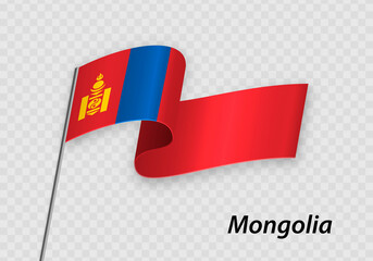 Waving flag of Mongolia on flagpole. Template for independence day