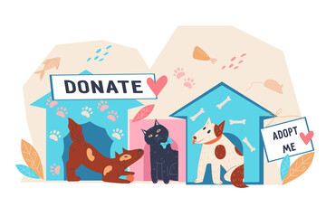 Animals shelter banner or poster design for pets adoption and money fundraising and charity, flat vector illustration isolated on white background.