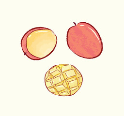 Red whole, sliced and cube mango in vector flat illustration art design