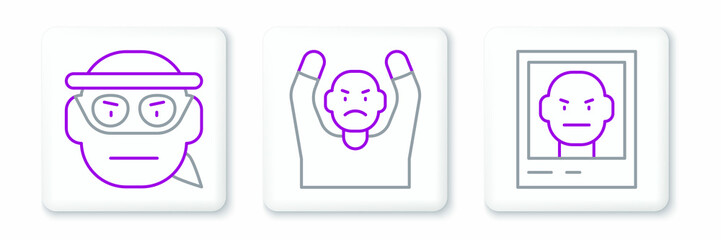 Set line Wanted poster, Bandit and Thief surrendering hands up icon. Vector
