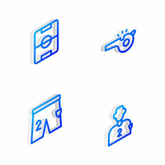 Set Isometric line Whistle, Football field, Shorts for playing football and soccer player icon. Vector