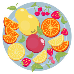 A set of sweet fresh fruits. Cherry, strawberry, orange, lemon, apple, pear, mint leaves. Collection of products for design kids, kitchen, wedding, summer party, logo. Color vector drawing