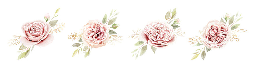 Floral romantic bouquets for wedding invite or greeting card. White pink peach Rose and eucalyptus leaves. element set