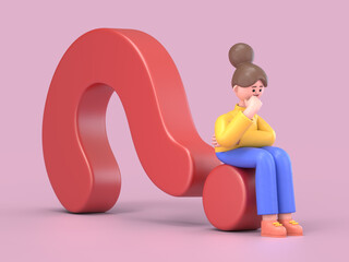 3D illustration of smiling woman Angela looks for an idea lying on a red question mark,3D rendering on Pink background.
