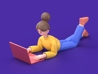 3D illustration of smiling woman Angela working on a laptop computer. 3D rendering on purple background.
