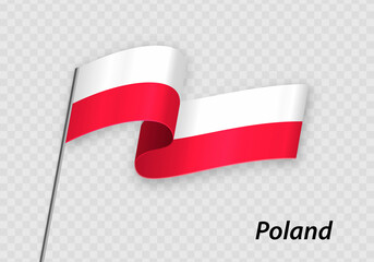 Fototapeta na wymiar Waving flag of Poland on flagpole. Template for independence day