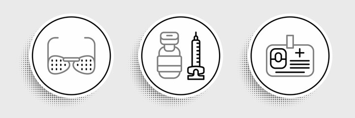 Set line Identification badge, Blind glasses and Syringe icon. Vector