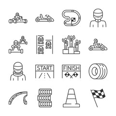 Karting icons set. Kart racing, linear icon collection. Road racing on go-karts, shifter karts. Attributes. Line with editable stroke - obrazy, fototapety, plakaty