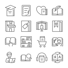 Book, Literature icons set. Bookstore, library. Bookshelf with books icon collection. Line with editable stroke