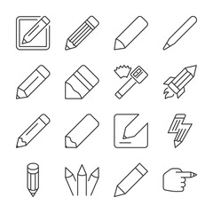 Pencil icons set. Pencils different variations, linear icon collection. Line with editable stroke