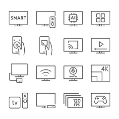 TV icons set. Smart TV features, linear icon collection. Line with editable stroke