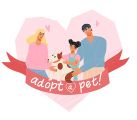 Family with dog for pets adoption and care. Pet store or animal shelter, buying or adopting homeless dog, flat vector illustration isolated on white background.