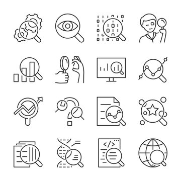 Research icons set.  Researching the issue. A search for the truth, a detailed examination, linear icon collection. Line with editable stroke