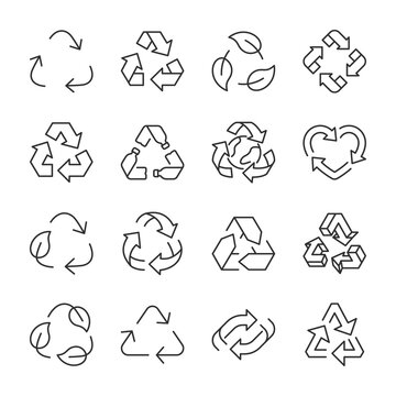 Recycle icons set. Sign of recyclable and biodegradable material, reuse, linear icon collection. Line with editable stroke