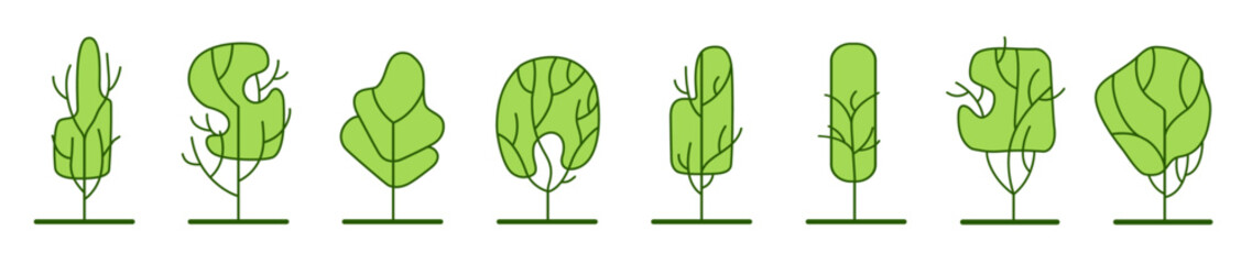 Tree for architectural floor plans. Entourage design. Various trees, bushes, and shrubs, top view for the landscape design plan. Vector illustration.