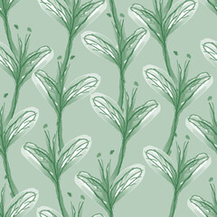 seamless hand drawn green leafs pattern background , greeting card or fabric