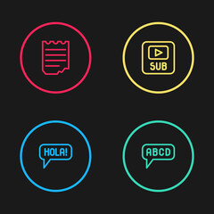 Set line Hola in different languages, Alphabet, Video with subtitles and Notebook icon. Vector © vector_v