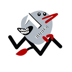 A coin with a ruble symbol in cartoon style. A ruble in the form of a funny bird. Sanctions against Russia. The economic crisis.