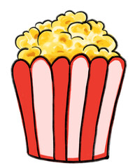 Popcorn in white and red bag bucket movie time cartoon illustration hand drawn