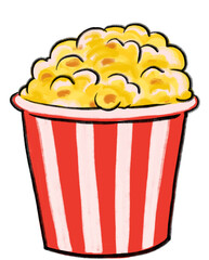 Popcorn in white and red bag bucket movie time cartoon illustration hand drawn