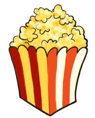 Popcorn in white and red bag bucket movie time cartoon illustration hand drawn