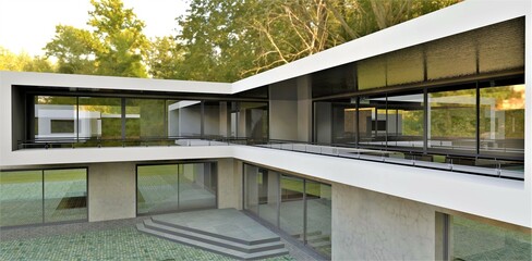 Modern terrace or balcony. Mirrored windows and pink marble trim. 3d render. It will be interesting for designers of technological houses.