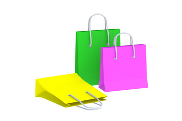 Group of paper shopping bags isolated on white background. Product discounts. Big sale. 3d render