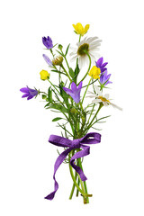 Wild meadow flowers in a summer bouquet with purple ribbon bow isolated on white