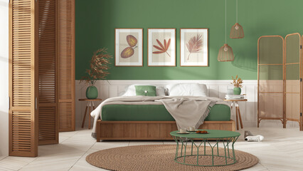 Wooden country bedroom in white and green tones. Mater bed with blanket. Wooden panel and parquet floor, carpet and table, breakfast with cookies. Interior design
