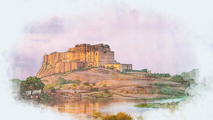 Mehrangarh fort, Rajasthan, India. Artistic sketch. Hand painted watercolour postcard, poster, book illustration