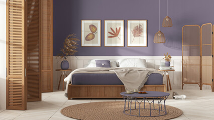 Wooden country bedroom in white and purple tones. Mater bed with blanket. Wooden panel and parquet floor, carpet and table, breakfast with cookies. Interior design