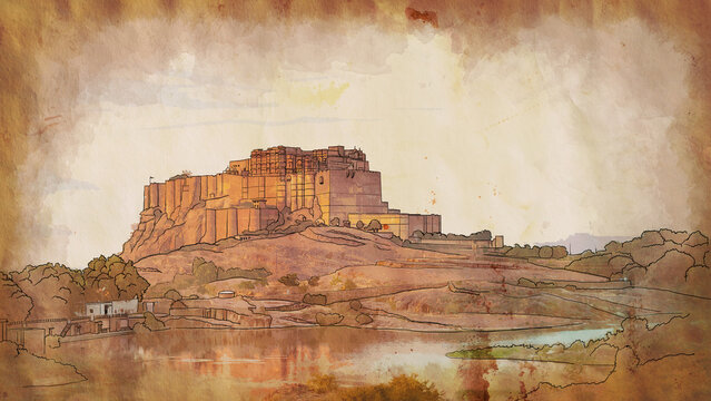 Mehrangarh fort, Rajasthan, India. Artistic sketch. vintage postcard, poster, book illustration