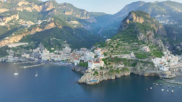 View from above, stunning aerial view of the village of Atrani. Atrani is a city and comune on the Amalfi Coast in the province of Salerno in the Campania region of south-western Italy