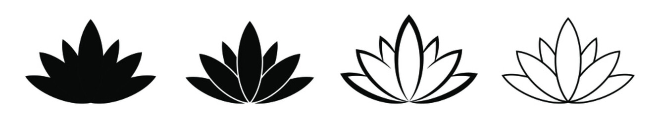 Lotus icons set. Lotus flower silhouette. Lotus flower logo. Vector illustration. Black icon