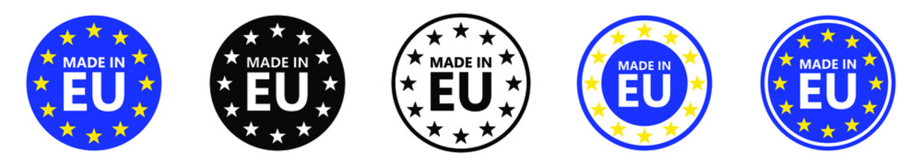 Made in EU. European union logo. Vector illustration. Set of EU flag icons.
