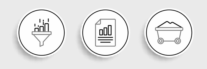 Set line Coal mine trolley, Sales funnel with chart and Document graph icon. Vector