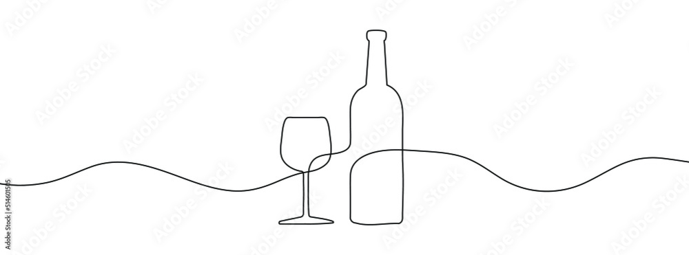 Sticker wine bottle and wine glass drawing with one continuous line. one continuous line of a bottle and win
