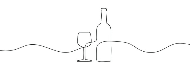 Wine bottle and wine glass drawing with one continuous line. One continuous line of a bottle and wine glass. Vector illustration. - obrazy, fototapety, plakaty