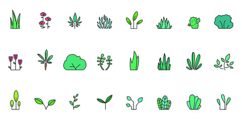 Plant icons. Set of various plants. Collection of flat icons of plants. Vector illustration.