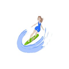 Surfer. Beach. Girl on the wave. Vector graphics.