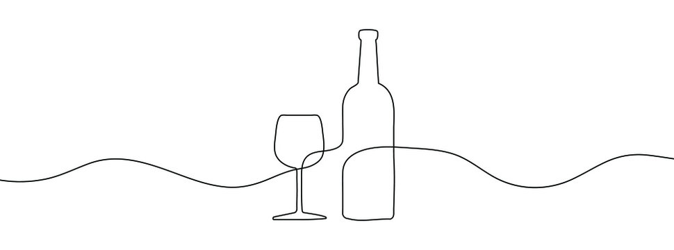 Wine bottle and wine glass drawing with one continuous line. One continuous line of a bottle and wine glass. Vector illustration.