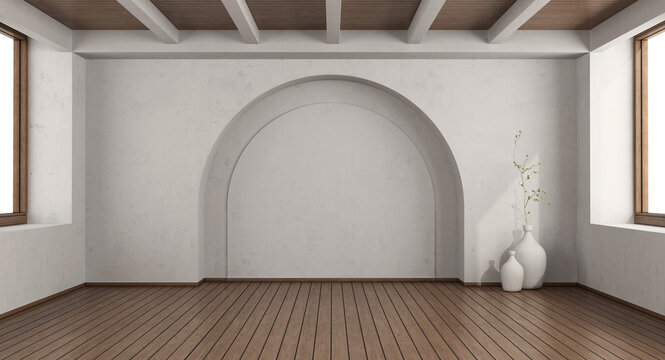 Empty white room with arch wall