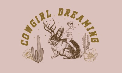 cowgirl riding jackalope vintage design